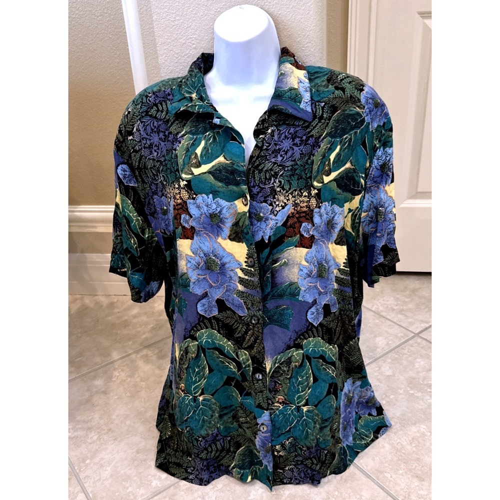 Kathryn Deene New York Floral Rayon Button Down Shirt Blue Green Plus Size 22/24